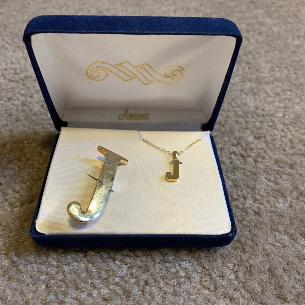 Vtg Initial “J” Monogram Necklace and Brooch
